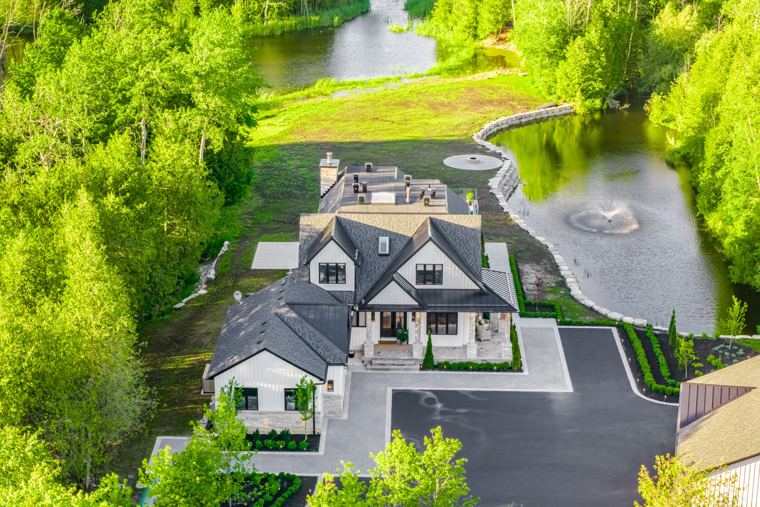 Aerial view of the estate and pond